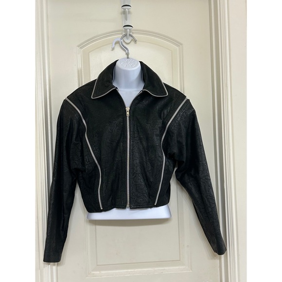 Vintage Winlit Black Floral Embossed Cropped Leather Jacket Full Zip  Size S - Picture 1 of 10